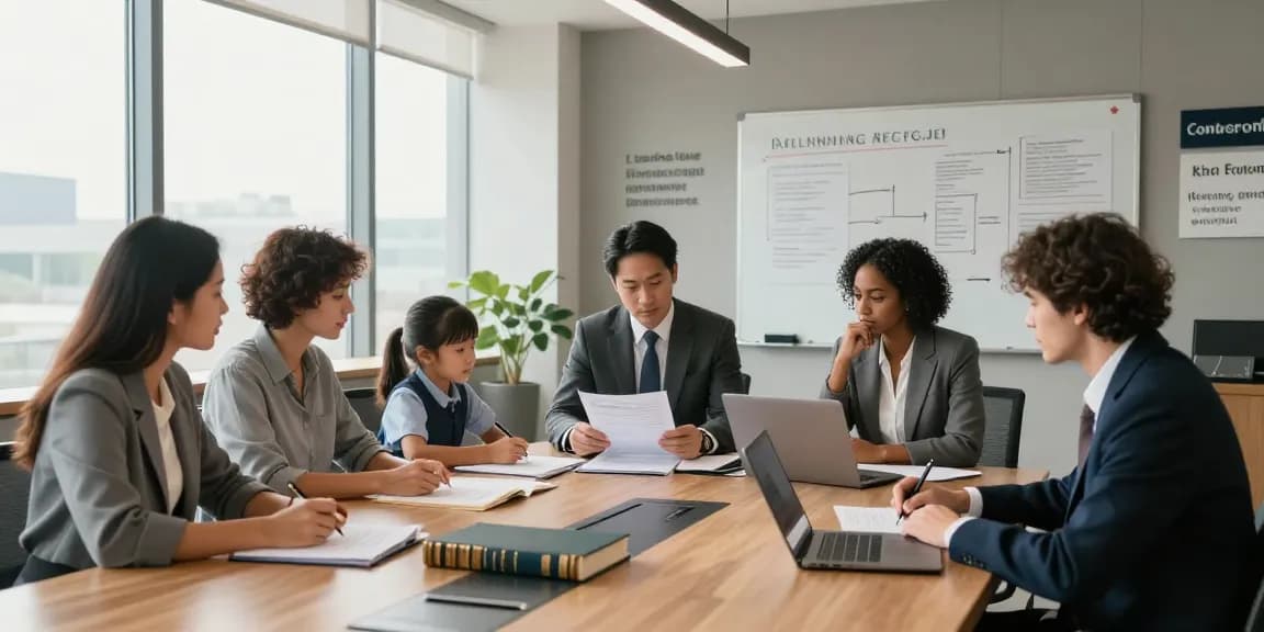 Lawyers engaging in an enquiry consultation in a modern office setting.