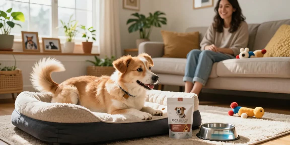 View product - happy dog enjoying CBD treats in a cozy living room