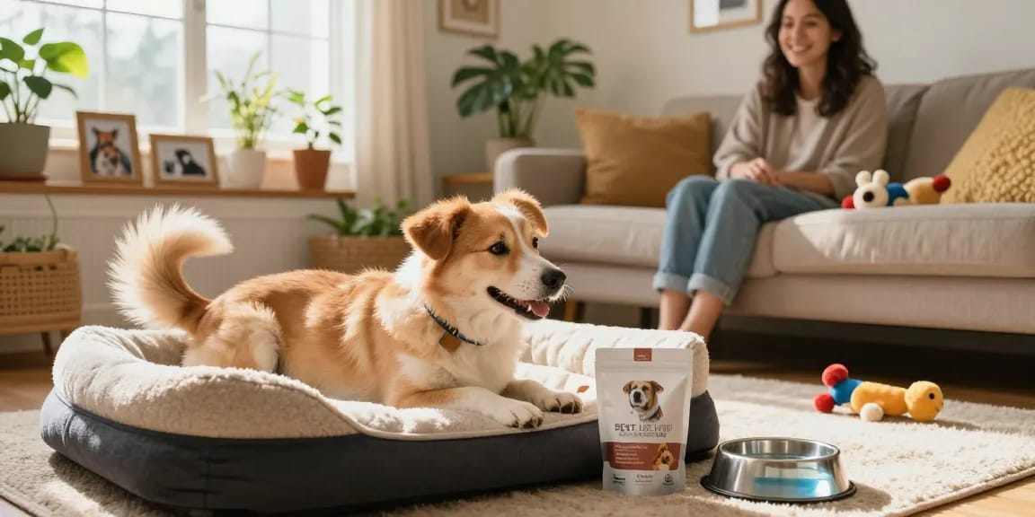 View product - happy dog enjoying CBD treats in a cozy living room