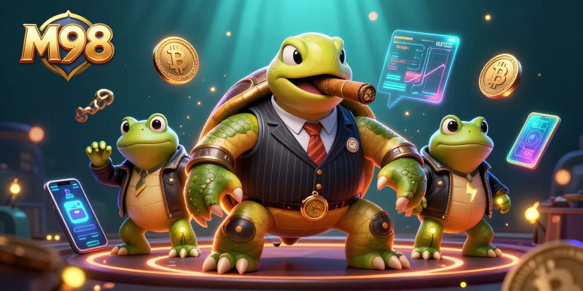 M98 offers a vibrant casino illustration with a turtle mobster and crypto elements while winning big.