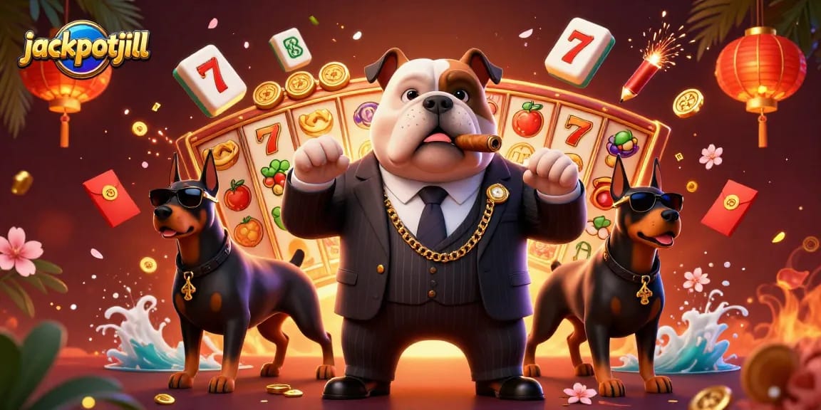 Spin to win with jackpotjill's vibrant 3D casino scene featuring an animated bulldog boss.