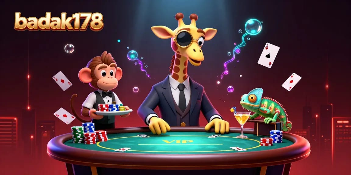Experience thrilling gameplay at badak178's dynamic casino scene with giraffe and monkey characters.