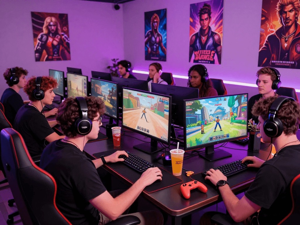 Exciting gaming scene showcasing players enjoying a trans porn game, vibrant atmosphere and diverse accessories.