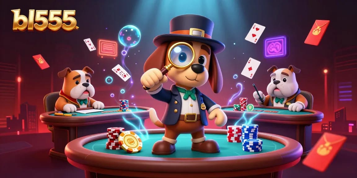 bl555 poker players analyzing casino clues amid vibrant illustrations of chips and cards