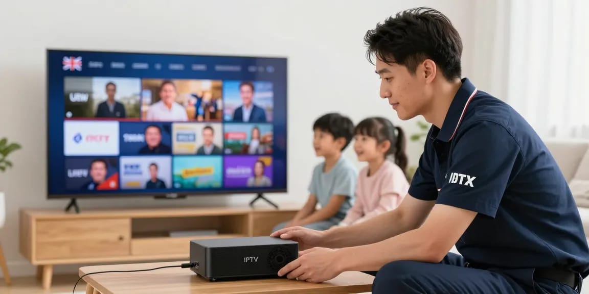 Expert IPTV UK service provider assisting family with setup in a home setting.
