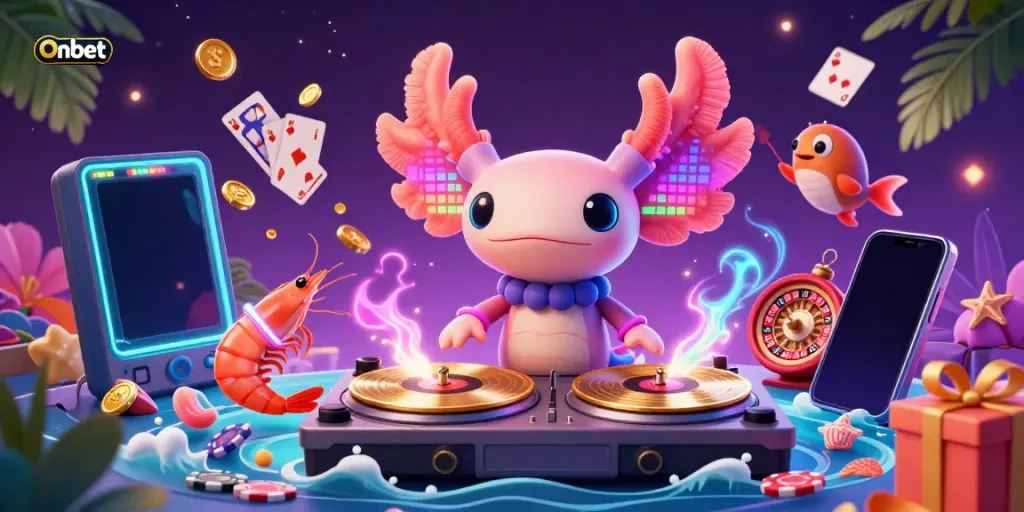 Experience Onbet's vibrant 3D casino scene with a neon axolotl DJ and lively underwater gaming elements.
