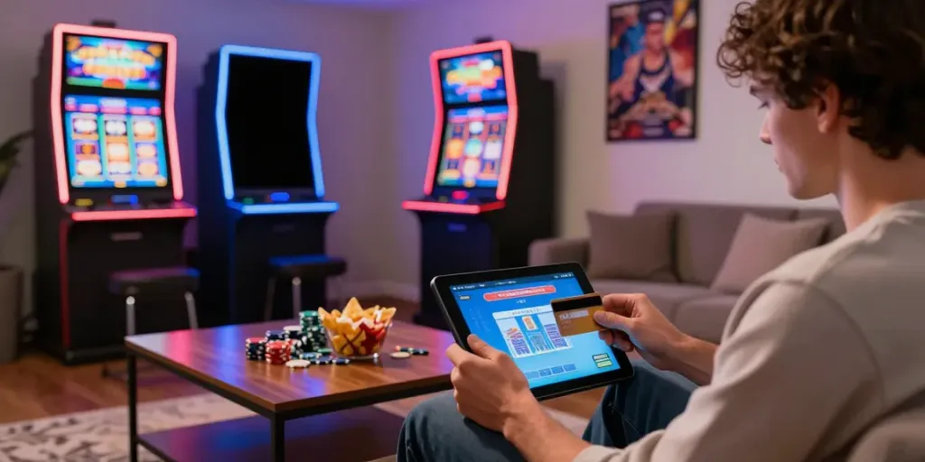 Player depositing funds at casinos that accept credit cards in a cozy living room with engaging visuals.