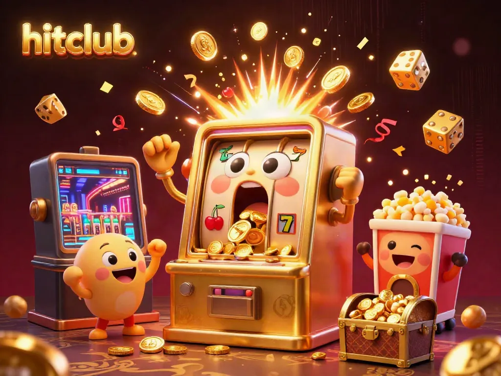 Hitclub's golden slot machine hits a jackpot in a vibrant casino scene, showcasing the thrill of winning.