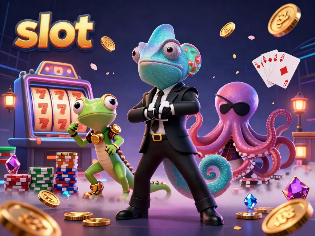 Spin exciting slot reels with vibrant colors, gold coins, and casino characters in action.