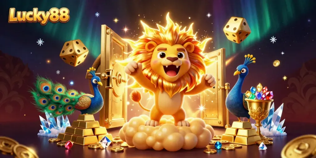 Experience the thrill of Lucky88 with a vivid 3D illustration of a triumphant sun lion amidst golden treasures and vibrant game elements.