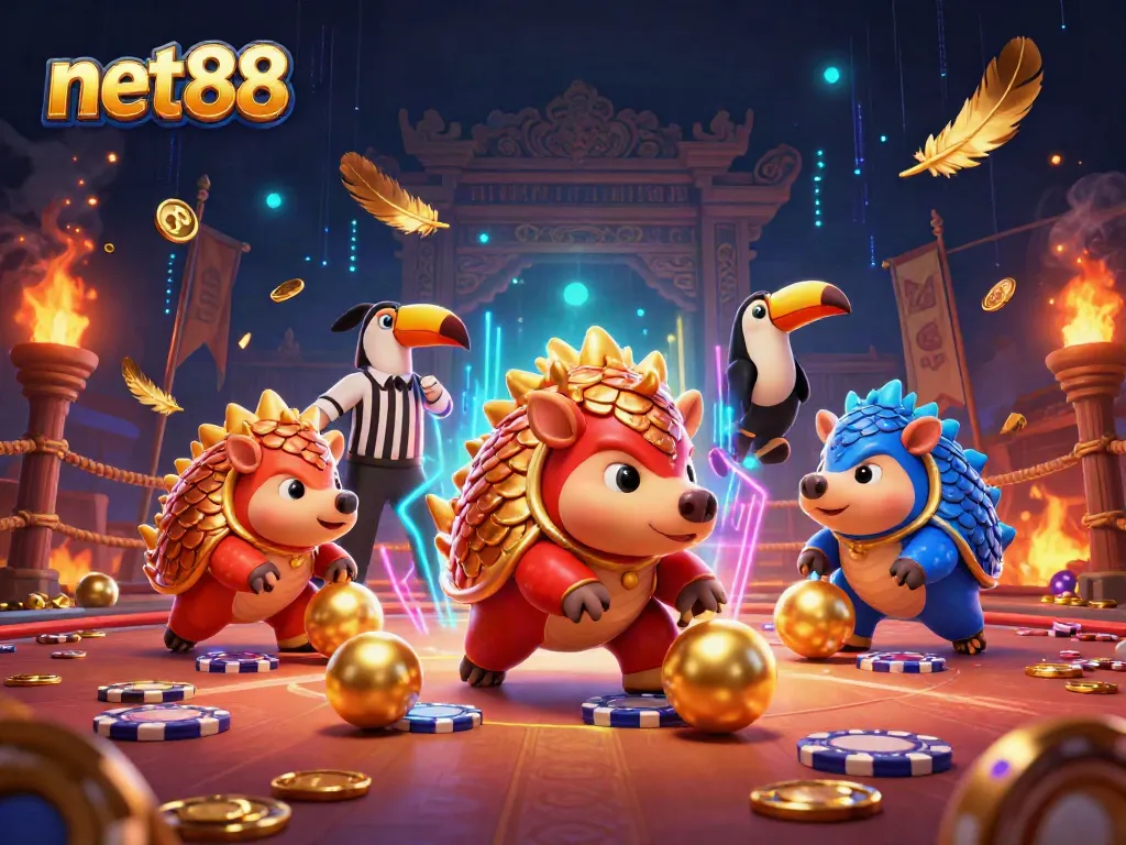 Experience the excitement at net88 with rival pangolins in a vibrant casino scene filled with poker chips and golden tokens.