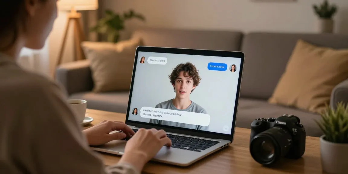 Engaging ai sex chat experience on a laptop, cozy modern setting with soft lighting and pillows.