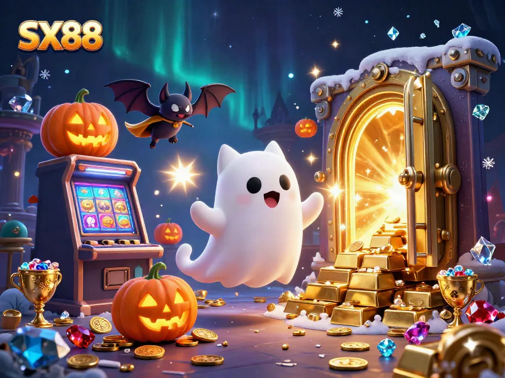 SX88 brings excitement to gambling with a ghost cat and vampire bat in a vibrant casino scene.