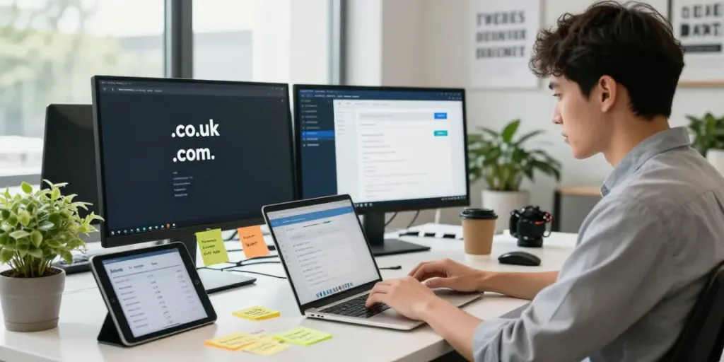 Engaging domain name search UK workspace with a professional managing domain registrations.