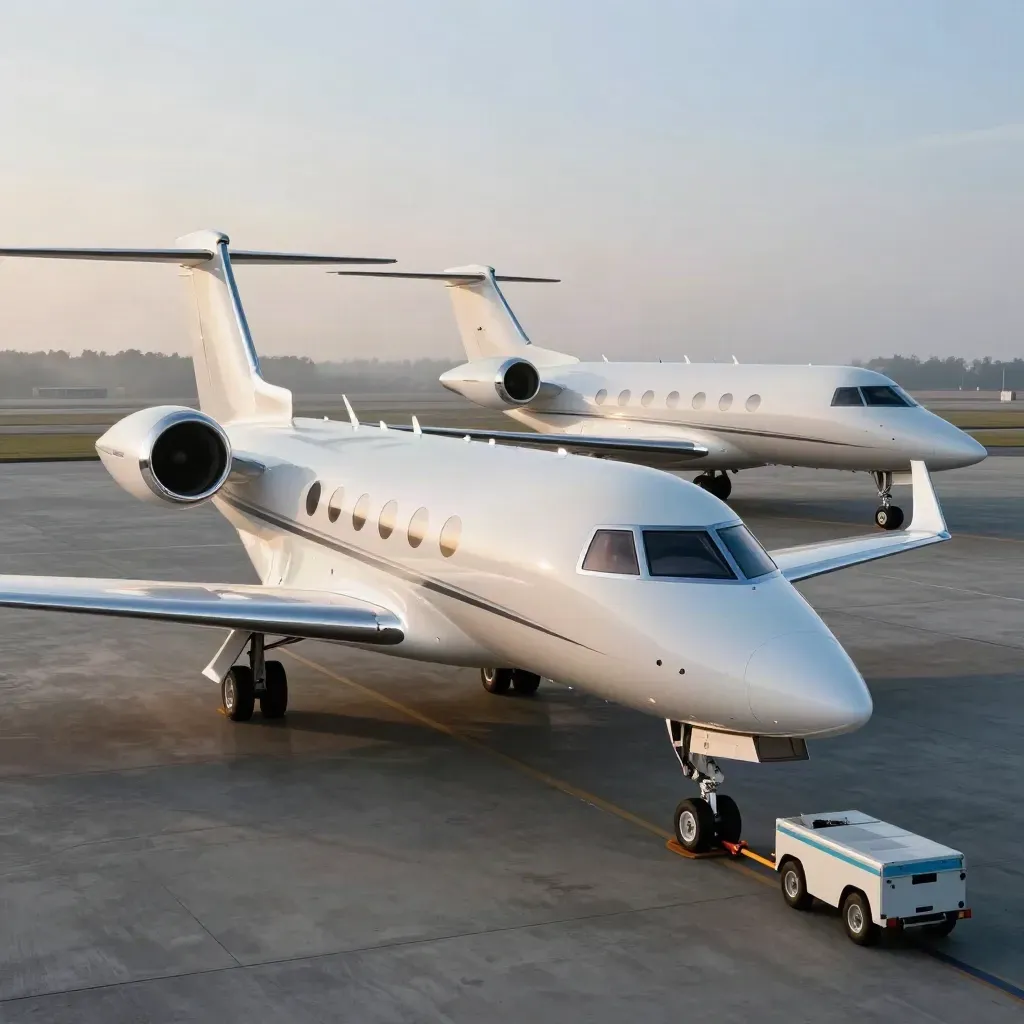 Two private jets in a sunlit hangar with tow bar, chocks and polished floor reflections.