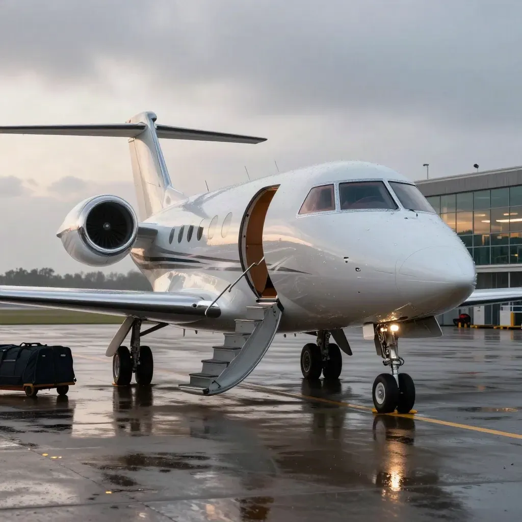 Private jet on a wet Farnborough apron at dawn, glowing cabin and rain mist
