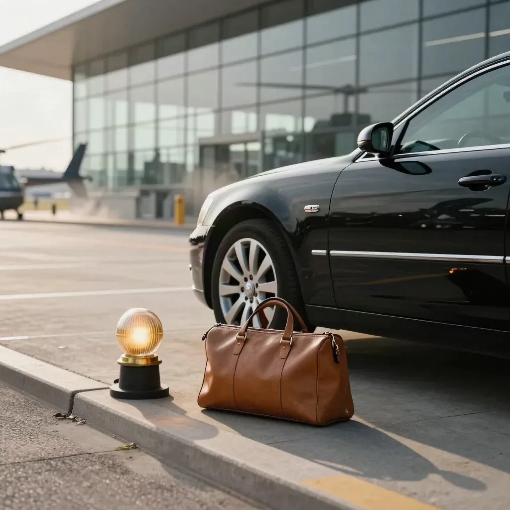 Black chauffeur sedan by heli pad light with holdall and terminal glazing, ready for executive transfer.
