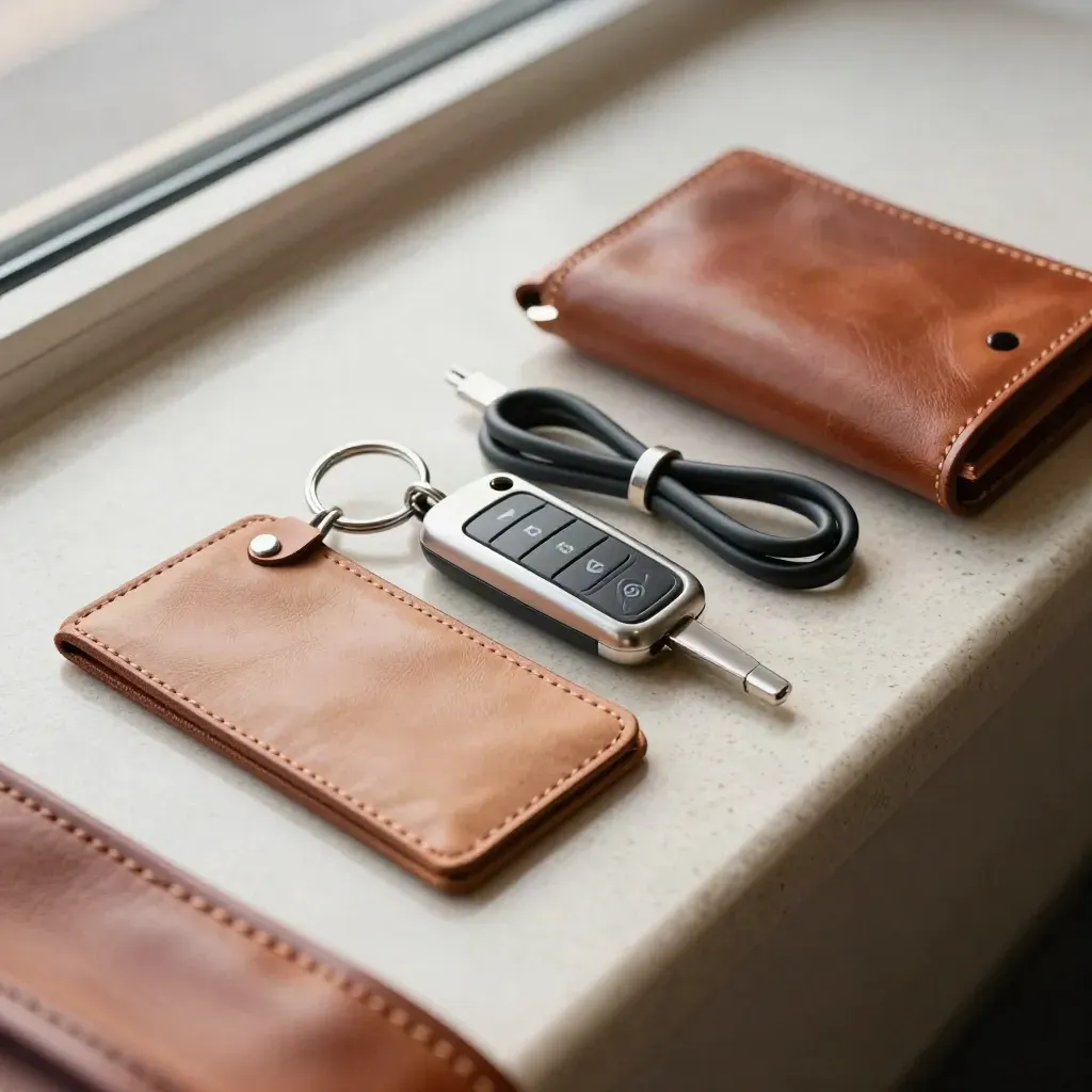 Travel support kit with key fob, tracker, cable and leather pouch on a travertine ledge.