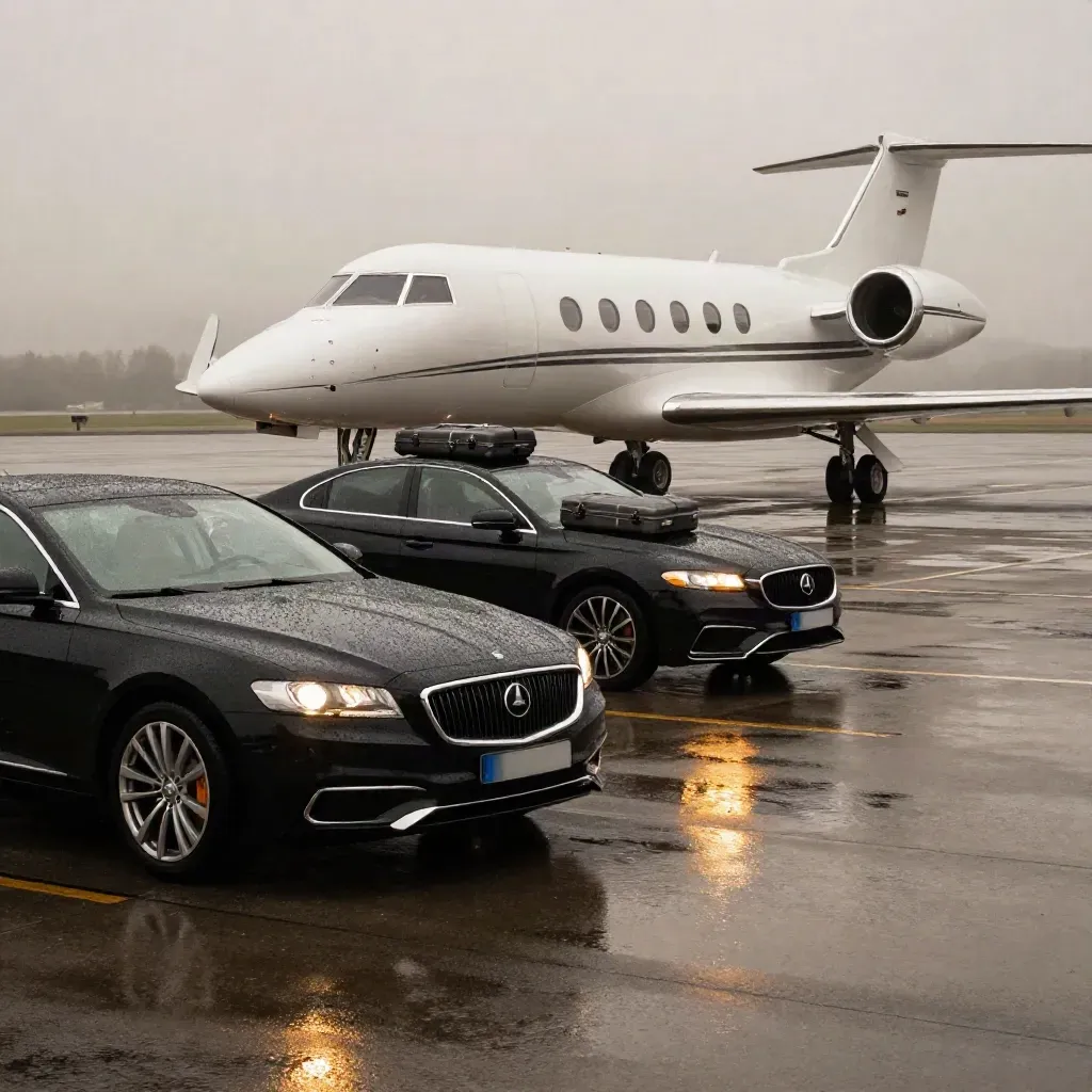 Black cars, carry cases, and a silver jet on a wet Geneva apron in morning mist.