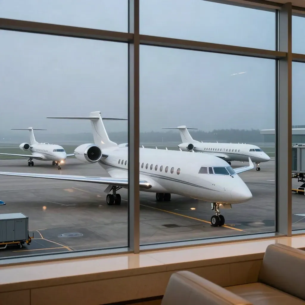 Four business jets lined up beyond a quiet terminal lounge window at dawn.
