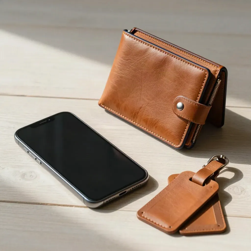 Top-down still life of a blank phone, leather passport wallet, cabin case corner and face-down luggage tags