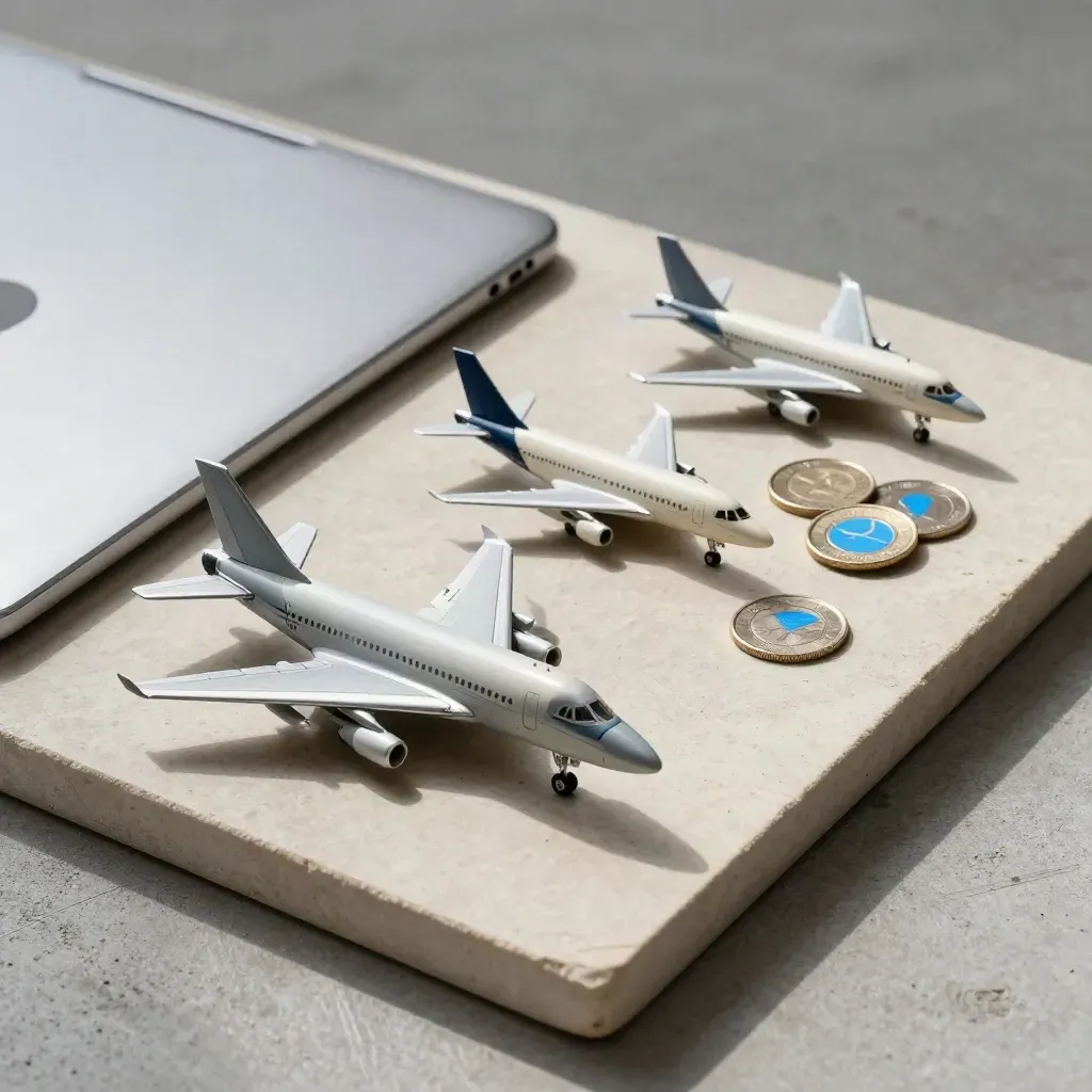 Overhead flatlay of miniature aircraft, silver tablet, and route coins on pale stone