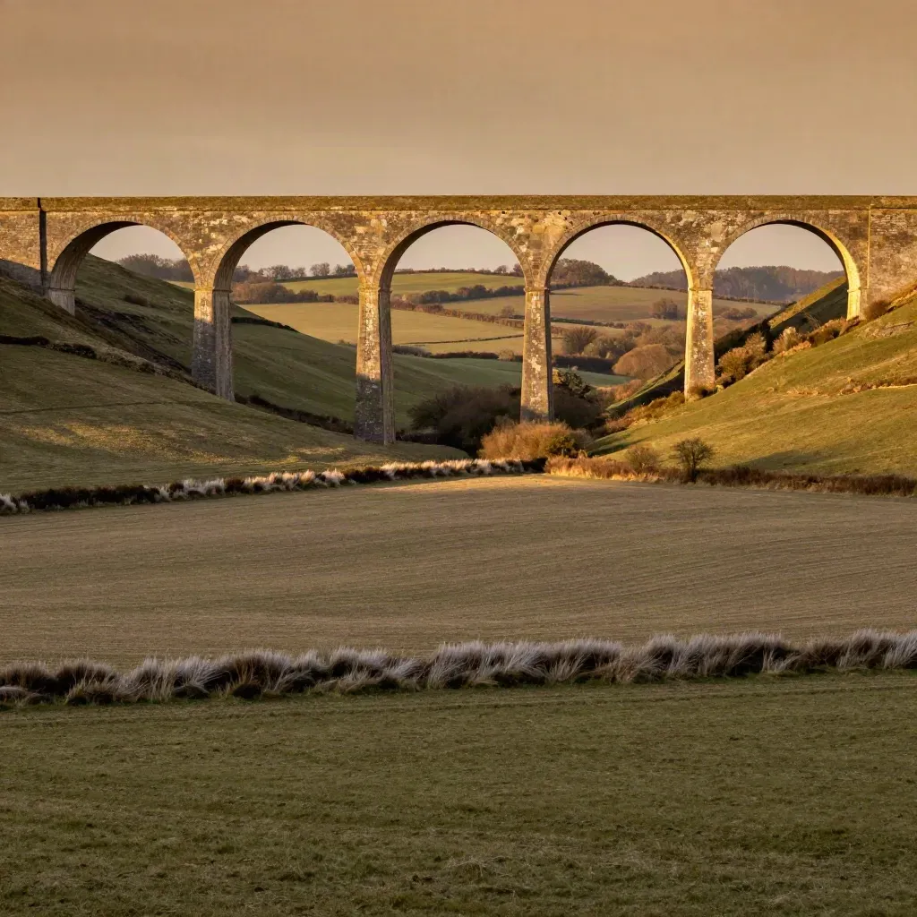 Ochre viaduct over calm Midlands fields at golden hour