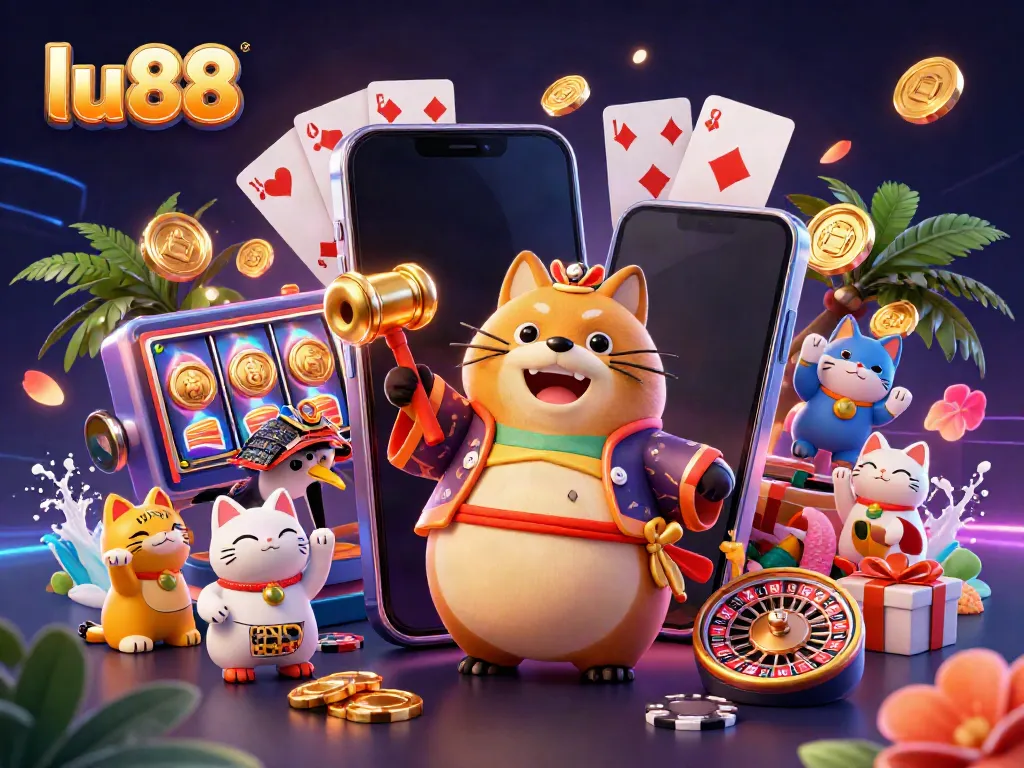 Experience thrilling slot games with lu88's vibrant cartoon characters in a colorful casino scene.