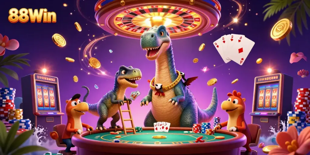Experience the excitement of 88Win with a brontosaurus, raptor dealer, and dazzling casino scenes.
