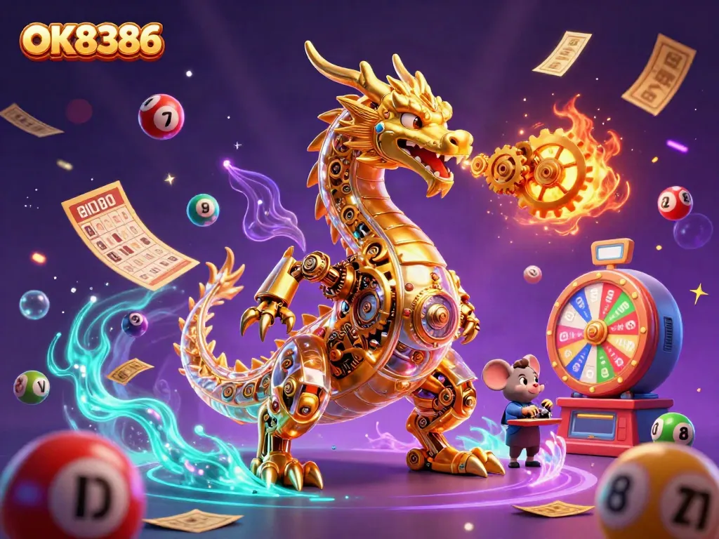 Experience the dynamic world of OK8386's online casino with vibrant gaming elements, a golden dragon, and exciting prizes.