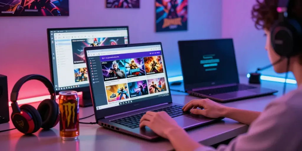 Engaging online gaming experience at http://gem88-mobile.com with a user on a laptop, showcasing vibrant gameplay.