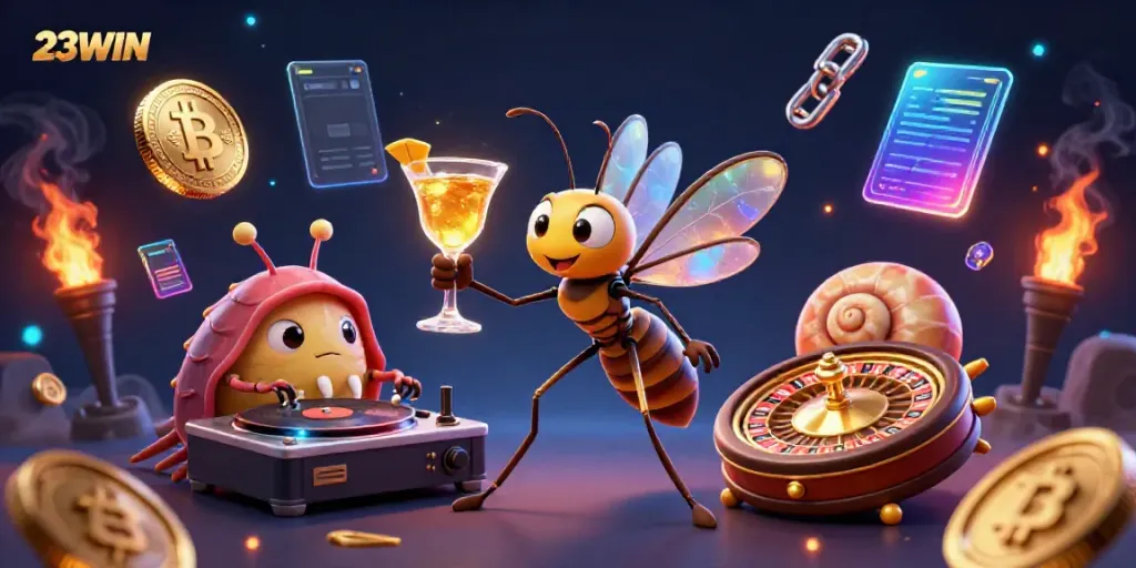 Engage in thrilling gameplay with 23WIN's vibrant casino illustration featuring unique characters and crypto elements.