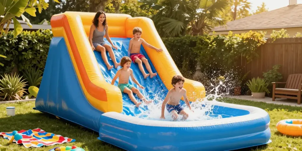 Kids having fun on a vibrant water slide in a sunny backyard setting, showcasing summer joy and outdoor play.