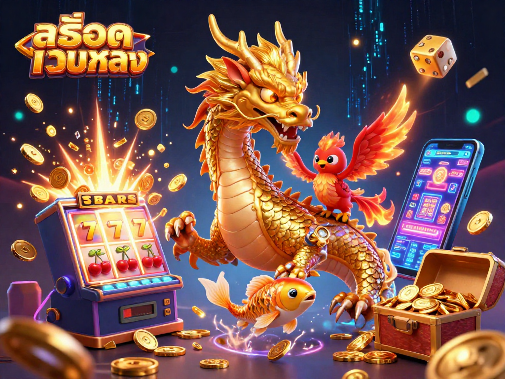 Engage with exciting สล็อตเว็บตรง visuals featuring a vibrant dragon and jackpot elements in a casino setting.