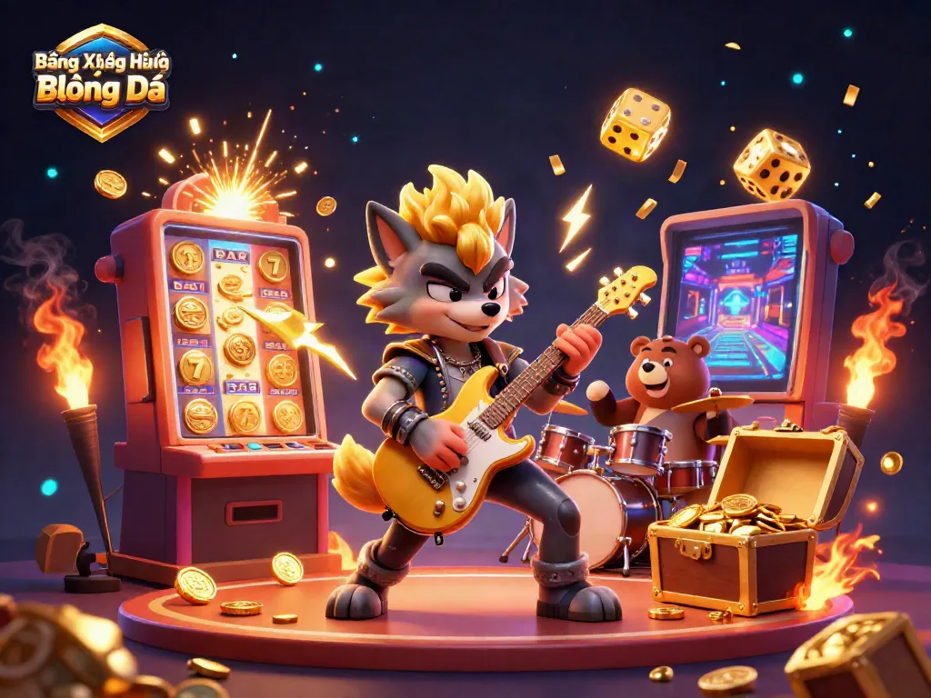 Bảng Xếp Hạng Bóng Đá illustration with a rock star wolf and drummer bear engaging on a vibrant casino stage.