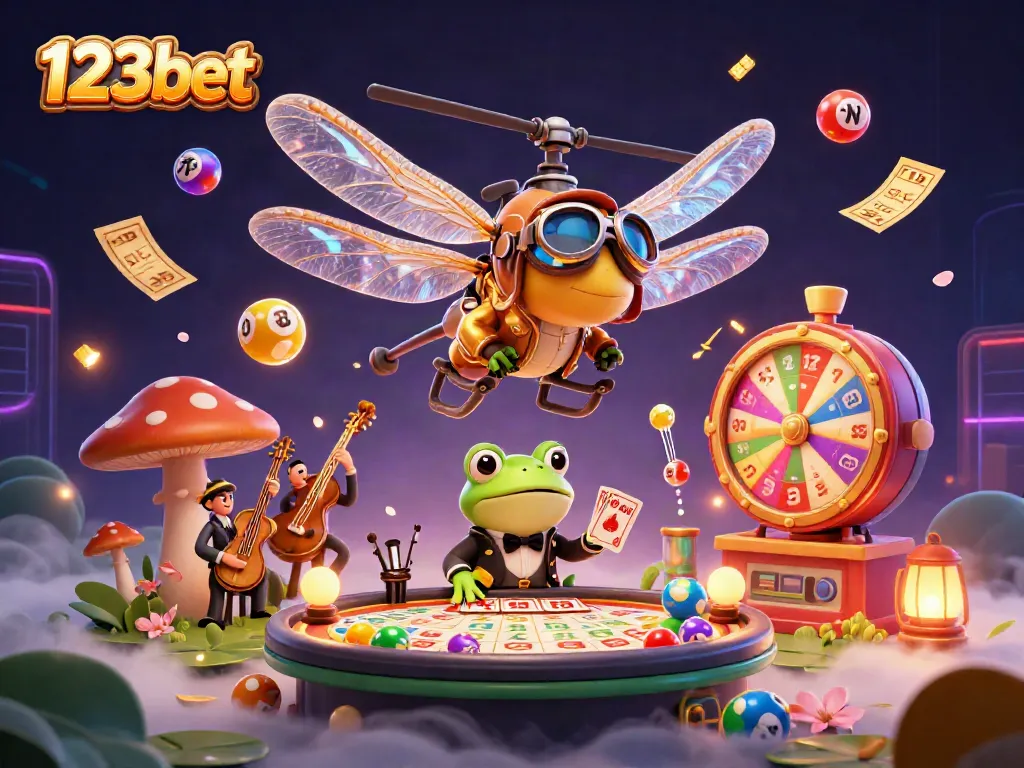 Experience captivating excitement with 123bet as a dragonfly pilot hovers above a lively lily pad casino scene.