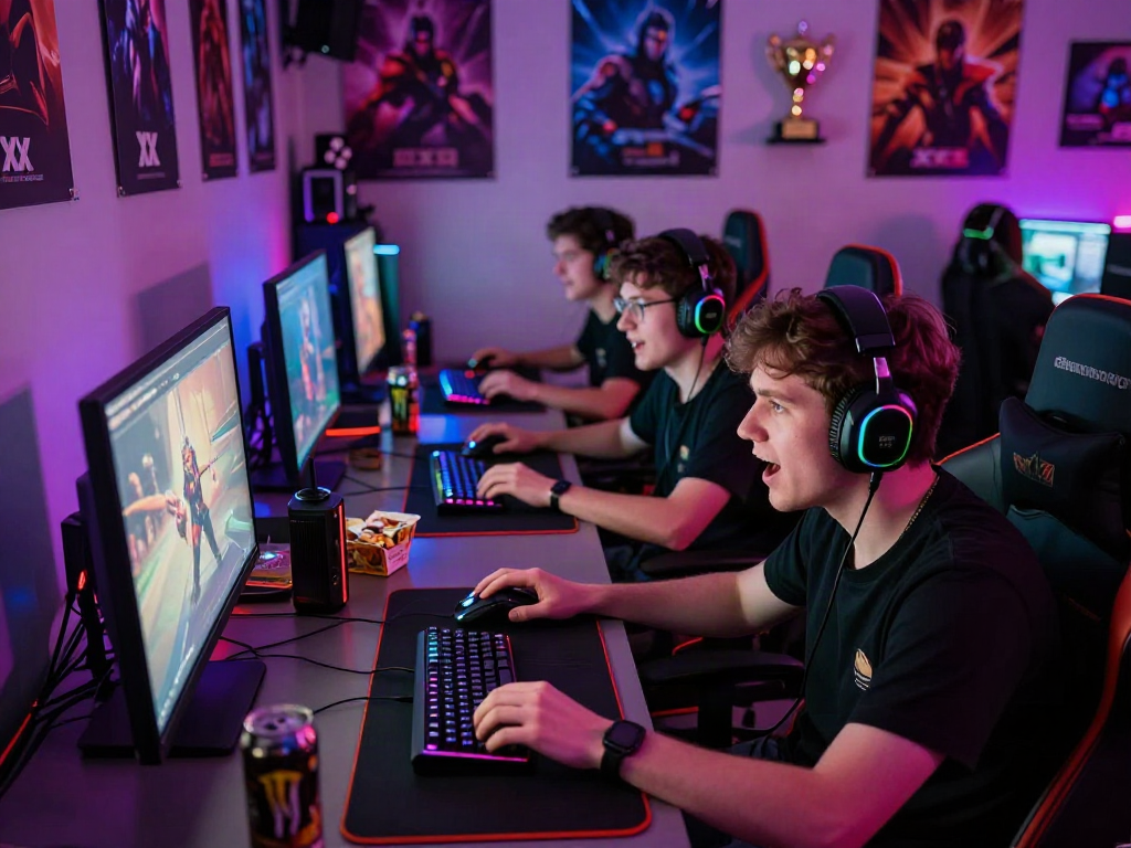 Group of gamers immersed in xxx games session with vibrant setups and snacks.