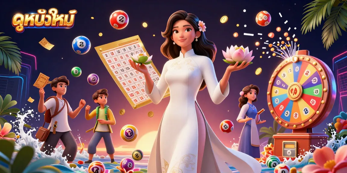 Engage with ดูหนังใหม่ in this colorful, dynamic gambling scene featuring lottery elements and an elegant woman.