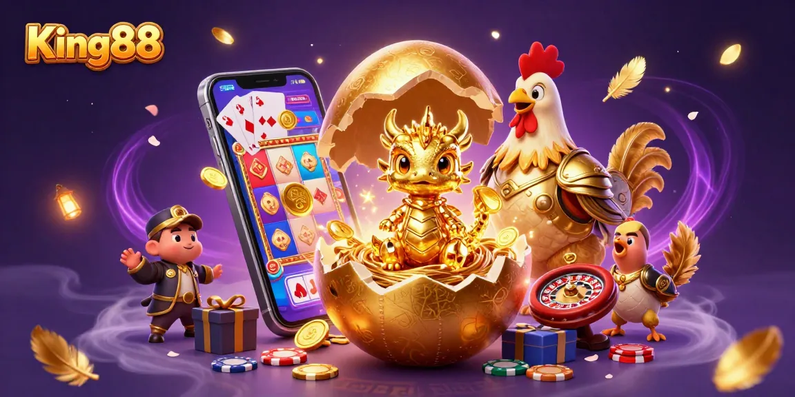 Play exciting games at King88 with a golden dragon offering poker chips and slot machines in a vibrant casino scene.
