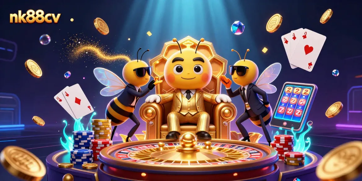 Engage in thrilling gameplay at nk88cv, where a cartoon bee mob boss oversees a vibrant casino scene filled with gold.