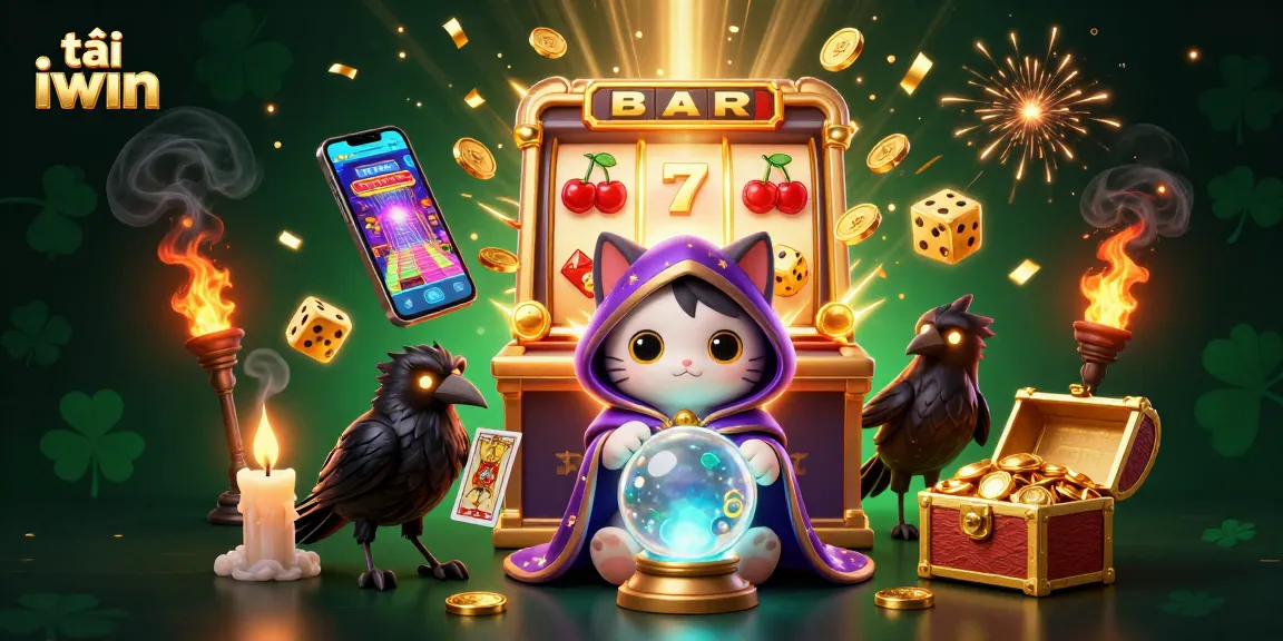 Play exciting slots with tải iwin, featuring a mystical cat and vibrant casino elements.