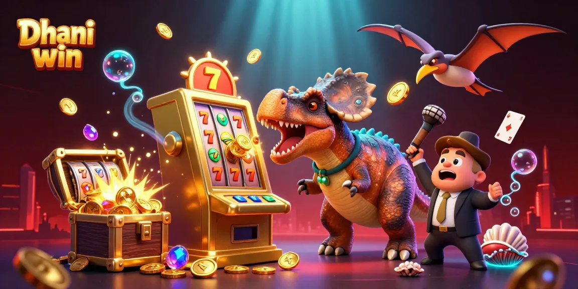 Dhani win features a pachycephalosaurus activating a jackpot slot machine amidst an exciting casino scene.