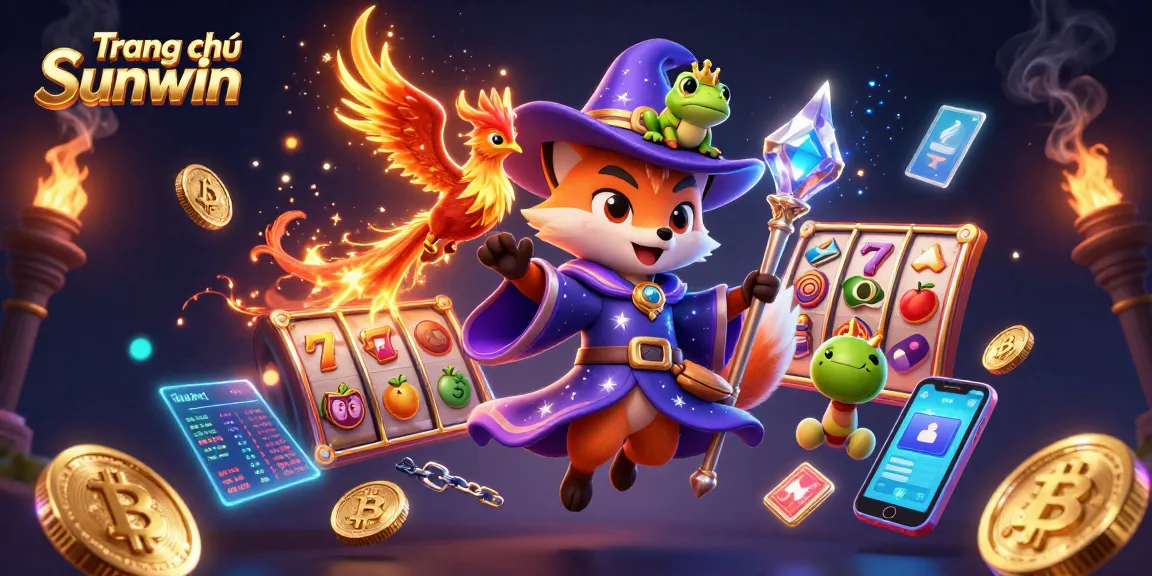 Engaging illustration of Trang chủ Sunwin showcasing a mystical wizard fox, fiery phoenix, and rich gaming elements.