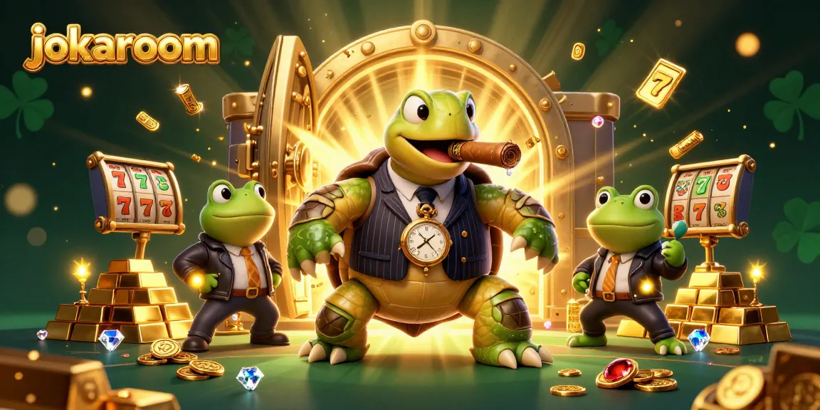 Experience gaming at jokaroom, featuring a 3D turtle mobster with golden riches and slot elements.