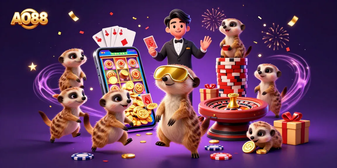 Experience exciting gameplay at AO88 with meerkats running a bustling casino, showcasing vibrant slot games and dazzling confetti.